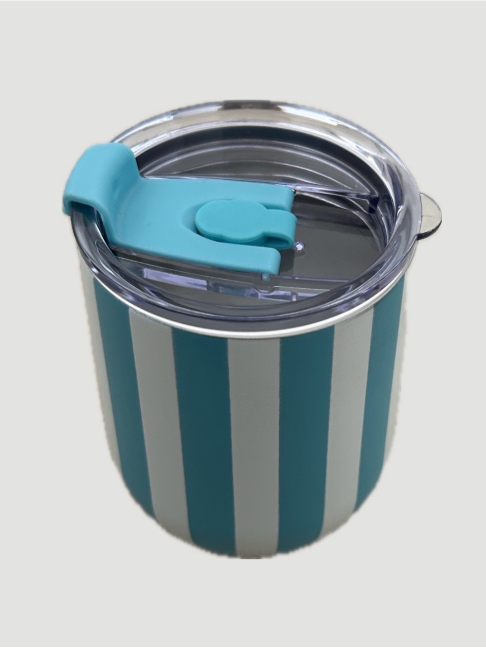 Striped Teal and White Insulated Tumbler with Spill-Resistant Lid